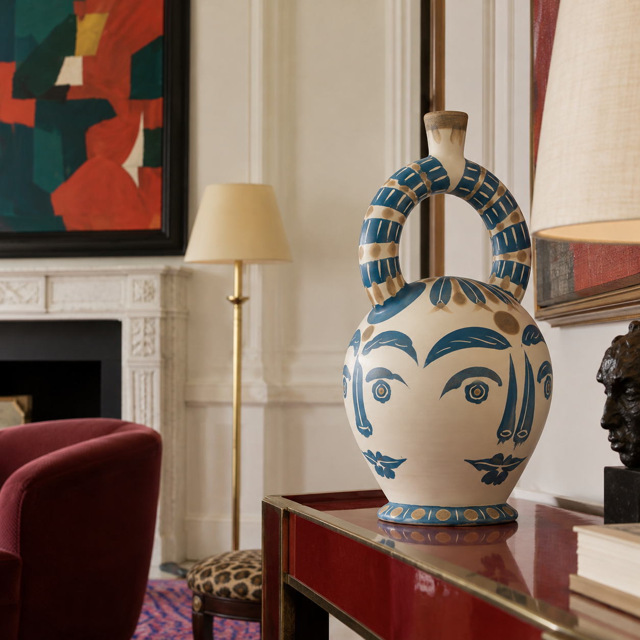 Ceramic vessel with a stylised face on a red lacquered console in a panelled sitting room with a colourful abstract painting